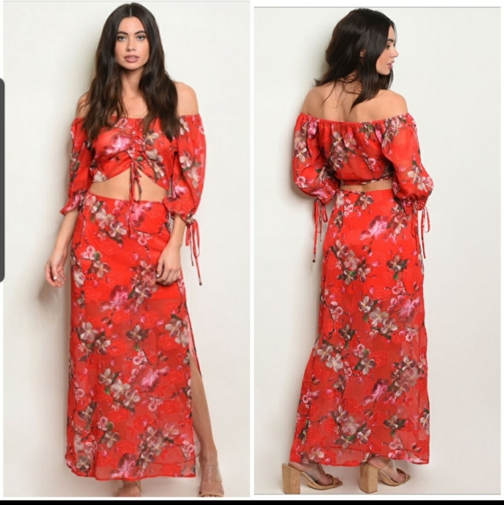Tropical maxi skirt  long sleeve cold shoulders